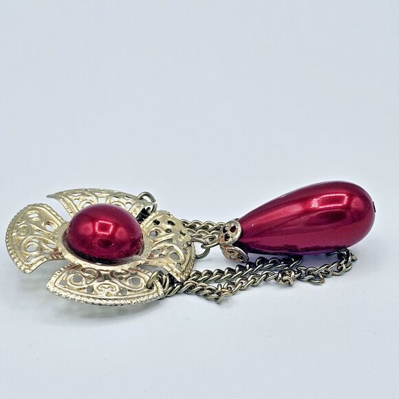 Victorian Revival Brooch Red Faux Draping Dangle Swag Chain Estate Jewelry Pin - Picture 4 of 9